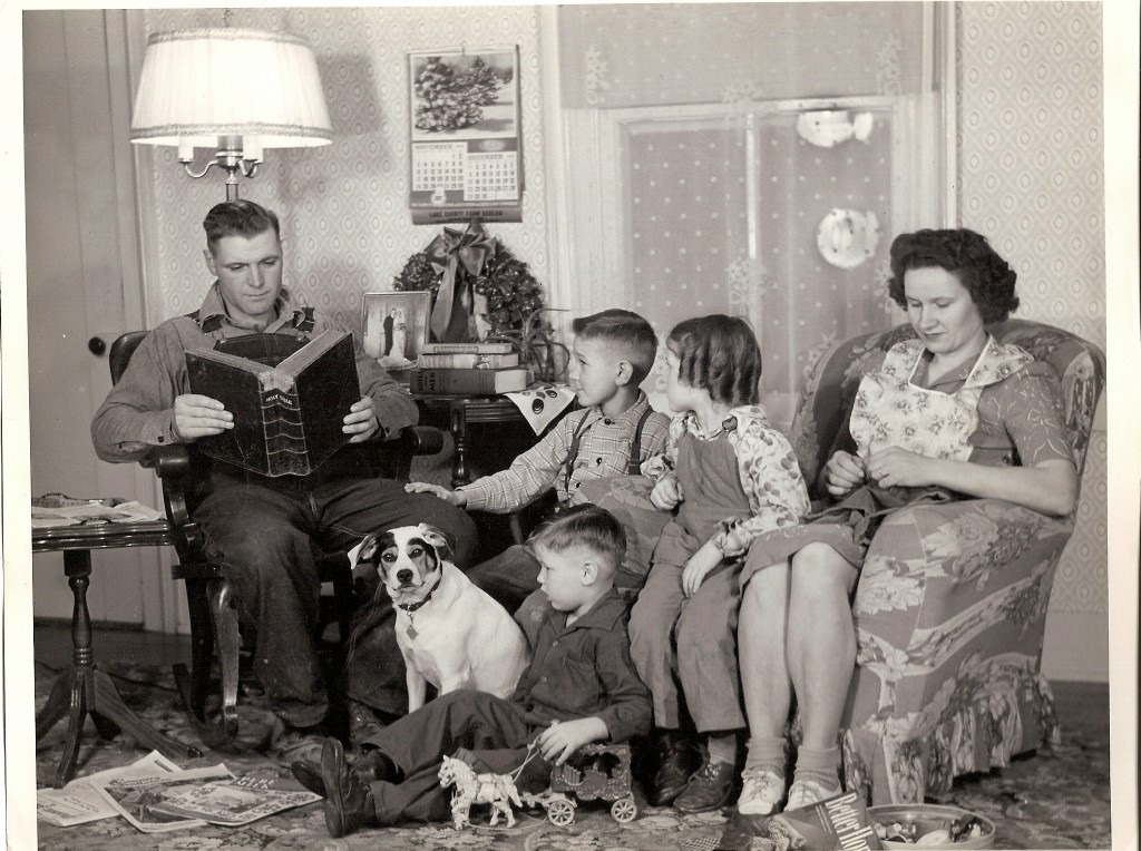 Farnsworth family in living room (black and white)