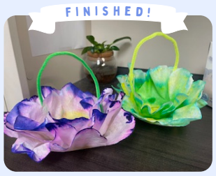 Labeled "five." Two completed flower baskets made with coffee filters and pipe cleaner handles.