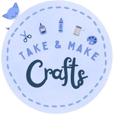 The logo for Take & Make Crafts. It features the name of the program with various craft supplies, and a sneaky hiding Blue the Fox.