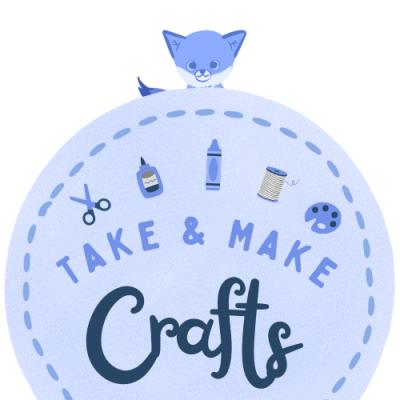 The logo for Take & Make Crafts. It features the name of the program with various craft supplies, and a sneaky hiding Blue the Fox.