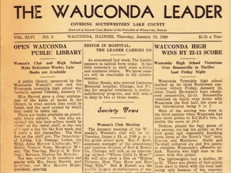 1939 Wauconda Leader newspaper featuring story about opening of the library