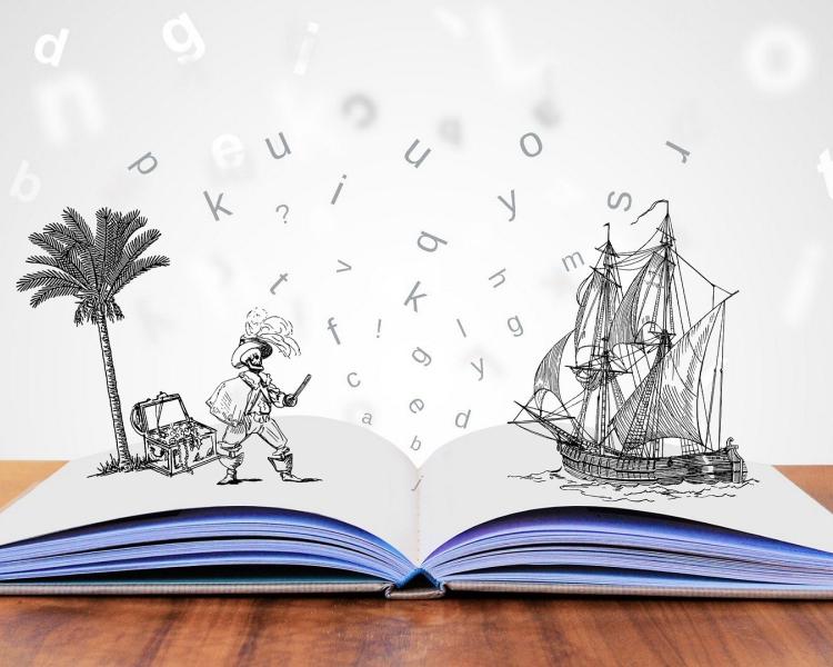 Open book illustration of pirate and ship on island